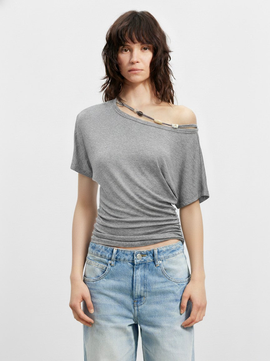 AFTADAWN Striped Beaded Pleated Asymmetric Halter Women&