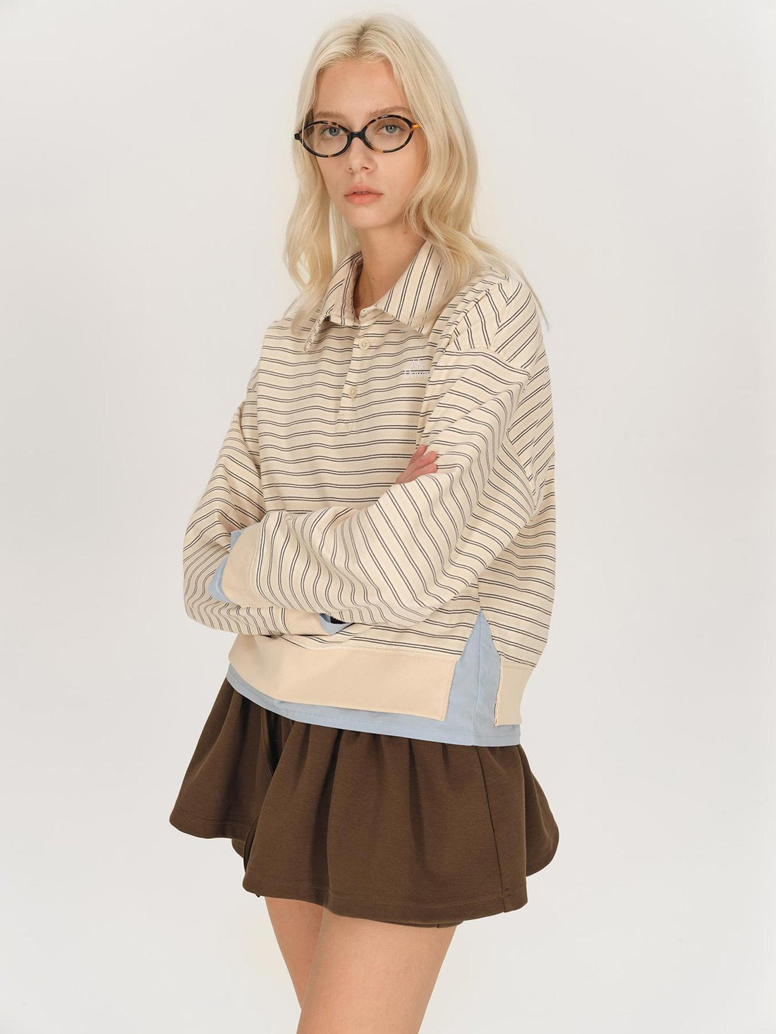 AFTADAWN Striped Collar Contrast Long Sleeve T-shirt