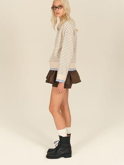 AFTADAWN Striped Collar Contrast Long Sleeve T-shirt