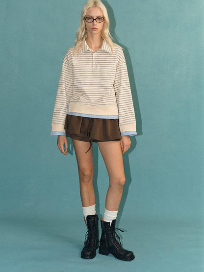 AFTADAWN Striped Collar Contrast Long Sleeve T-shirt