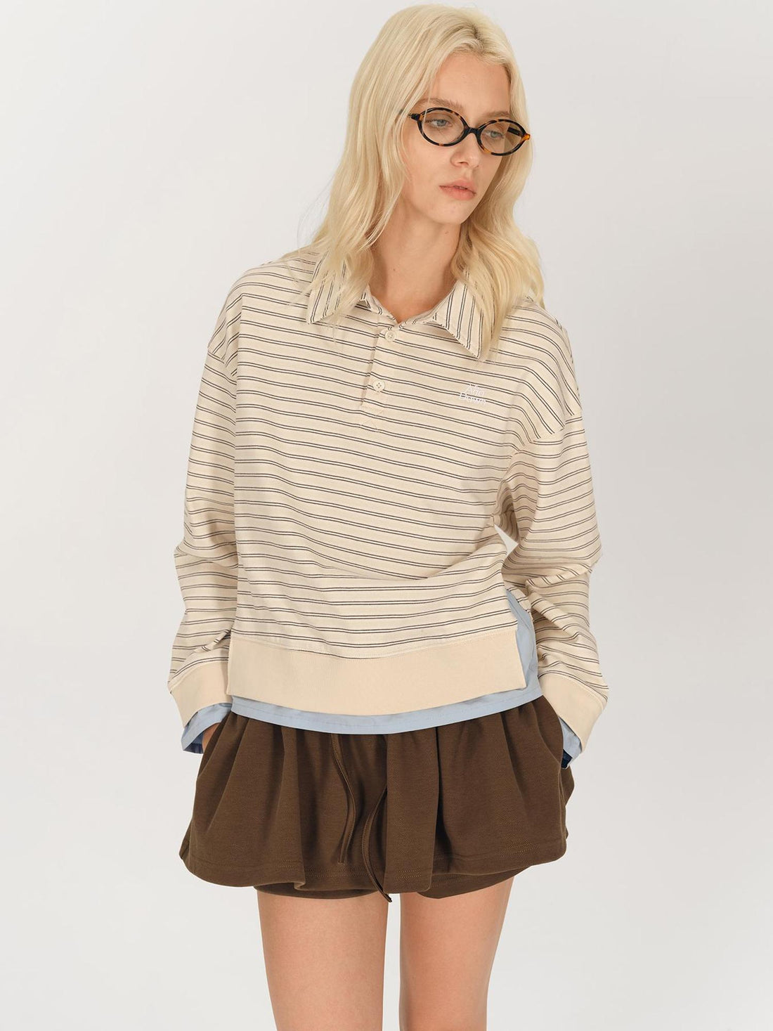 AFTADAWN Striped Collar Contrast Long Sleeve T-shirt