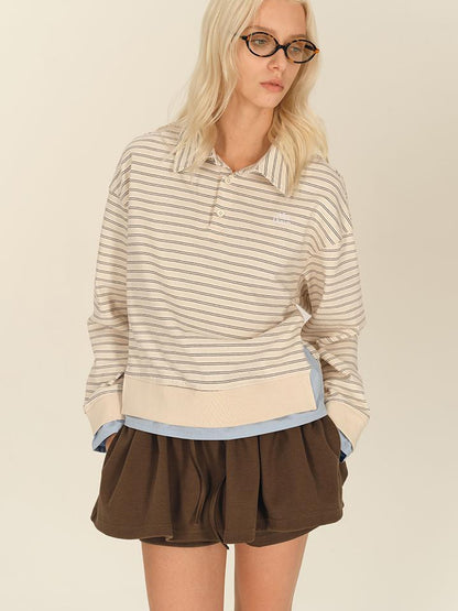 AFTADAWN Striped Collar Contrast Long Sleeve T-shirt