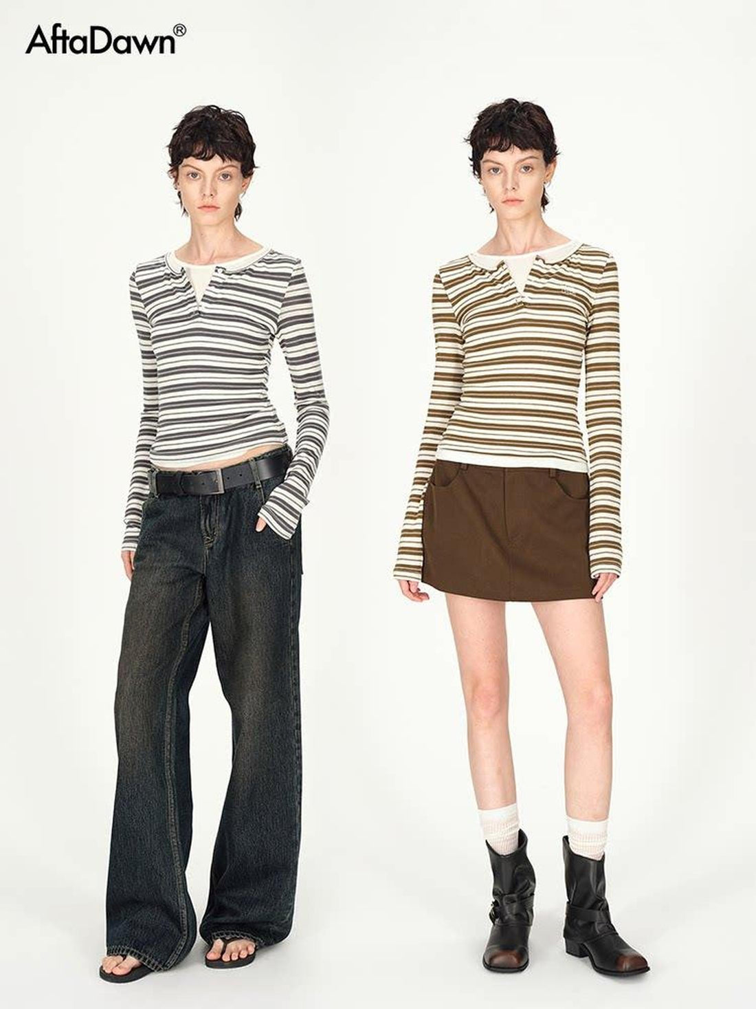 AFTADAWN Striped Colorblock Henley Layered Women&