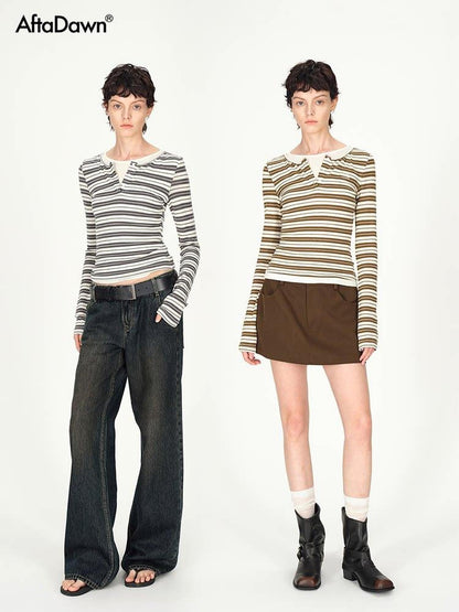 AFTADAWN Striped Colorblock Henley Layered Women&