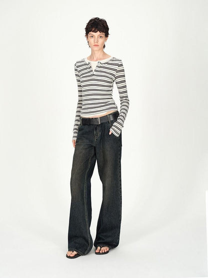 AFTADAWN Striped Colorblock Henley Layered Women&