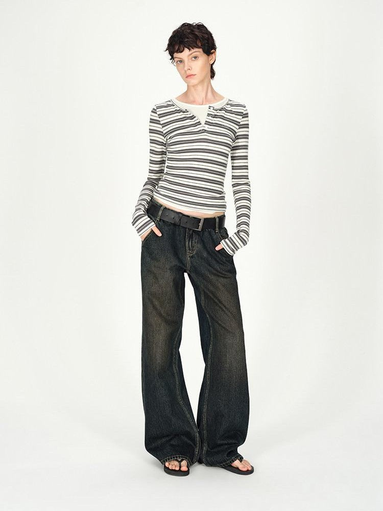 AFTADAWN Striped Colorblock Henley Layered Women&