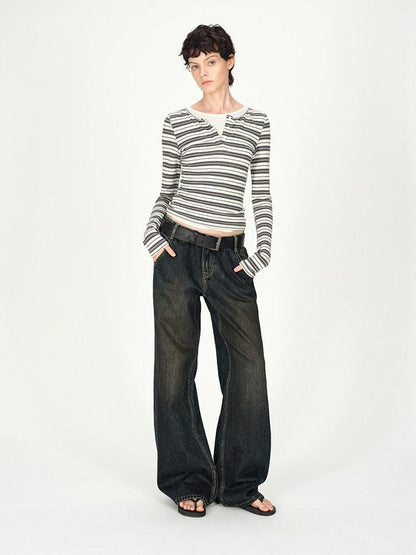 AFTADAWN Striped Colorblock Henley Layered Women&