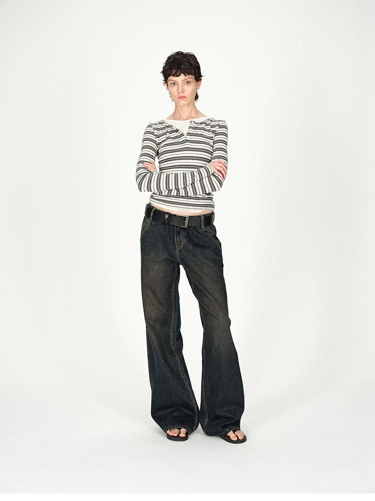 AFTADAWN Striped Colorblock Henley Layered Women&