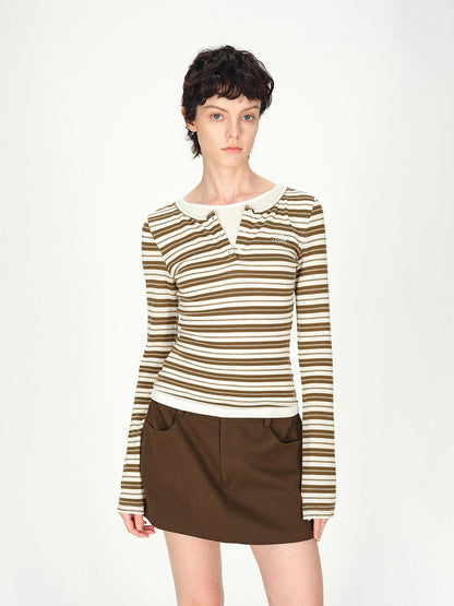 AFTADAWN Striped Colorblock Henley Layered Women&
