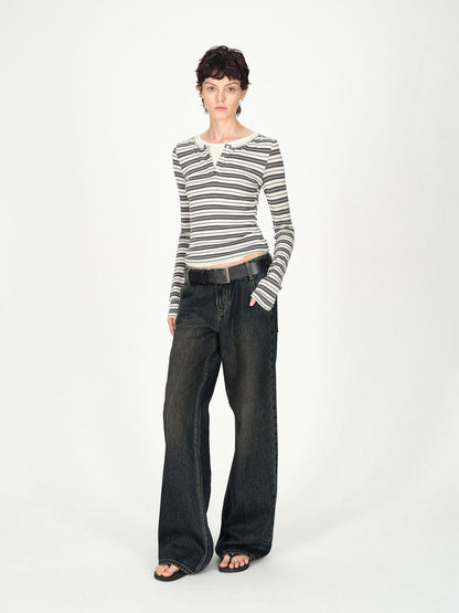 AFTADAWN Striped Colorblock Henley Layered Women&