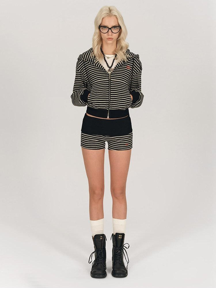 AFTADAWN Striped Embroidered Hooded Rib Waist Women&