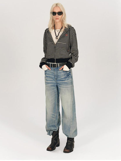 AFTADAWN Striped Embroidered Hooded Rib Waist Women&