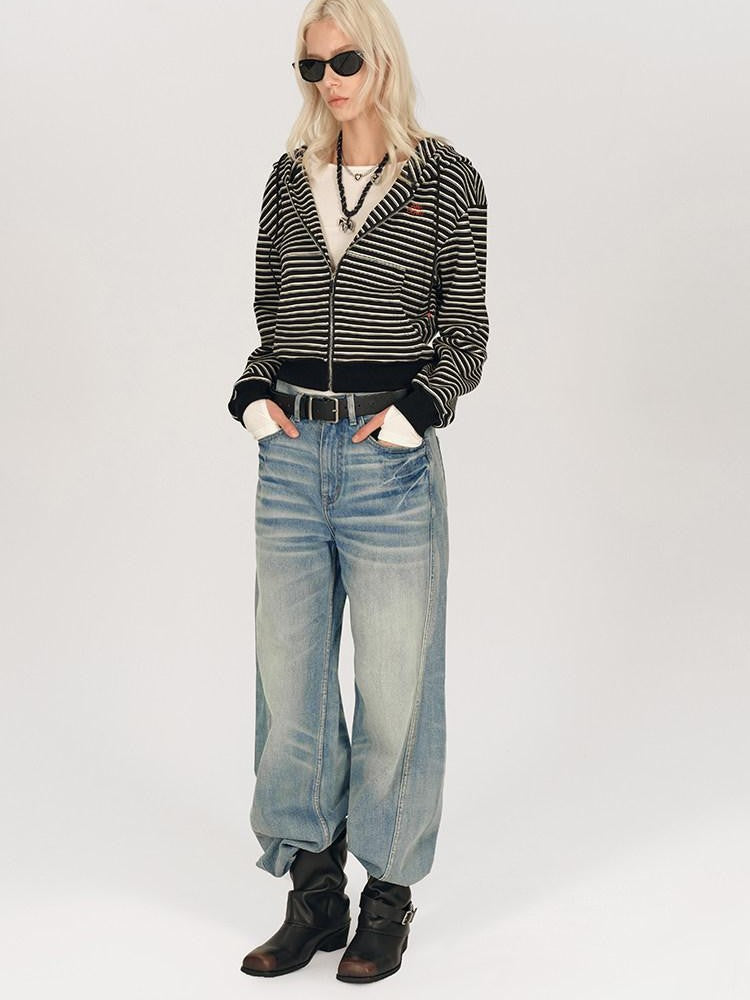 AFTADAWN Striped Embroidered Hooded Rib Waist Women&