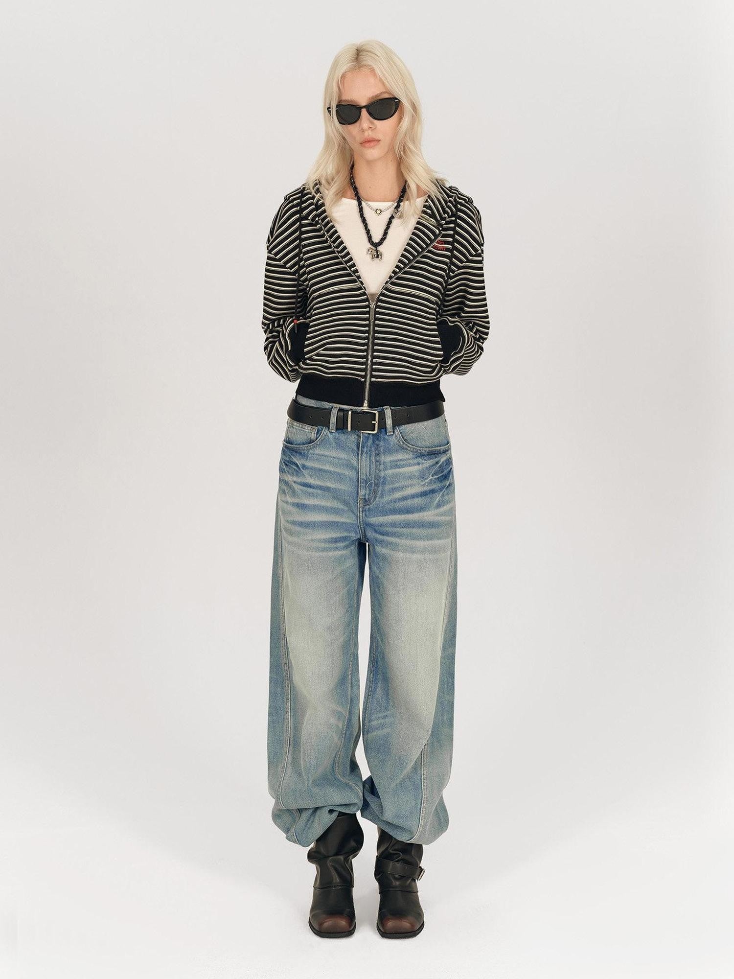 AFTADAWN Striped Embroidered Hooded Rib Waist Women&