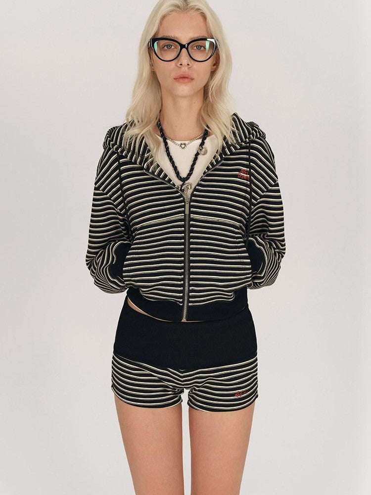 AFTADAWN Striped Embroidered Hooded Rib Waist Women&
