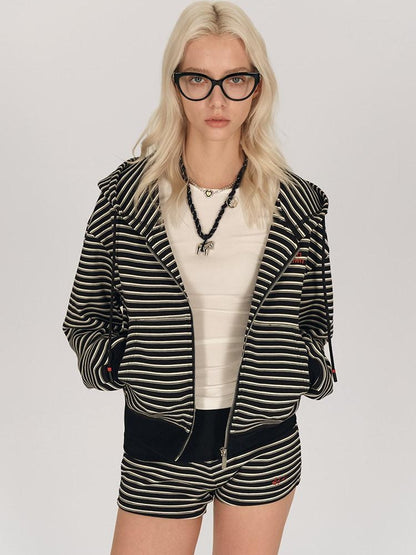 AFTADAWN Striped Embroidered Hooded Rib Waist Women&
