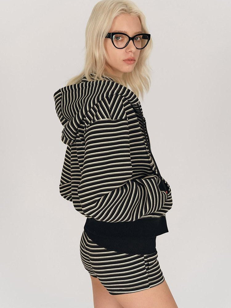 AFTADAWN Striped Embroidered Hooded Rib Waist Women&