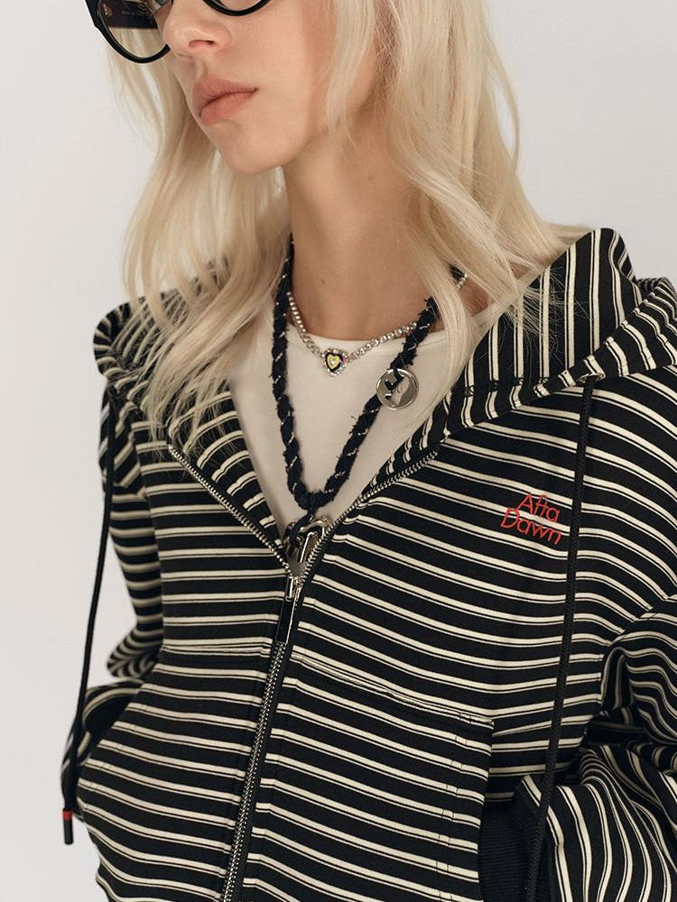 AFTADAWN Striped Embroidered Hooded Rib Waist Women&