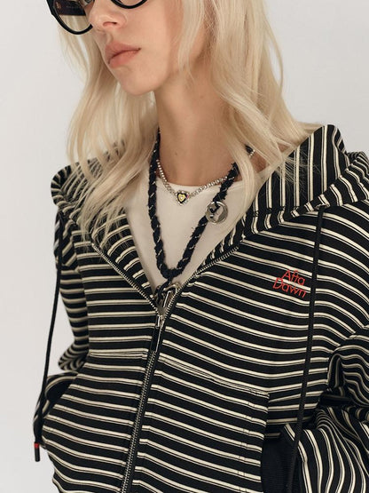 AFTADAWN Striped Embroidered Hooded Rib Waist Women&