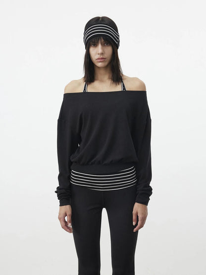 AFTADAWN Striped Halter Top And Oversized Off Shoulder Cover Set T-shirt