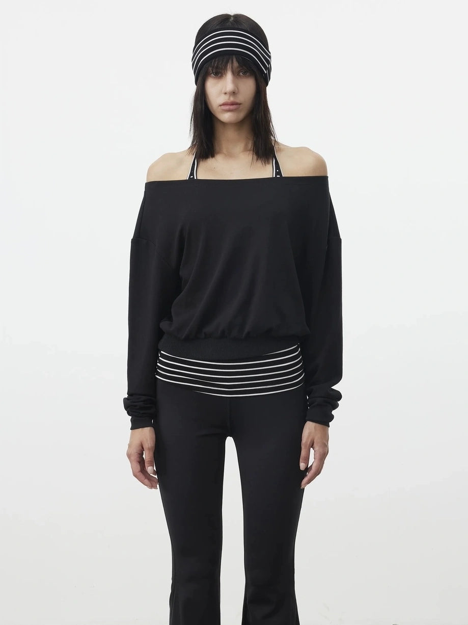 AFTADAWN Striped Halter Top And Oversized Off Shoulder Cover Set T-shirt