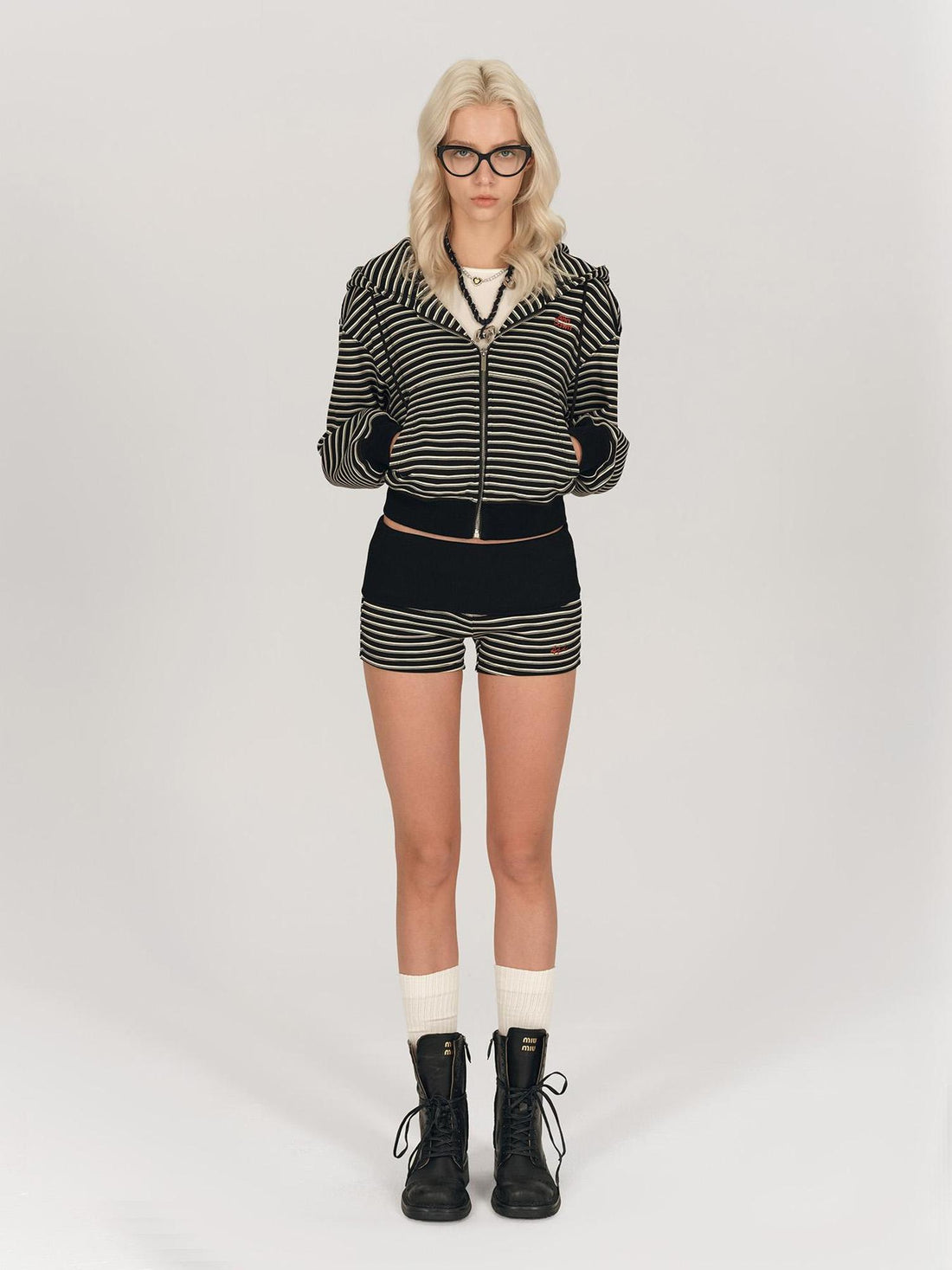 AFTADAWN Striped Hooded Sweatshirt With Embroidered Logo And Ribbed Shorts
