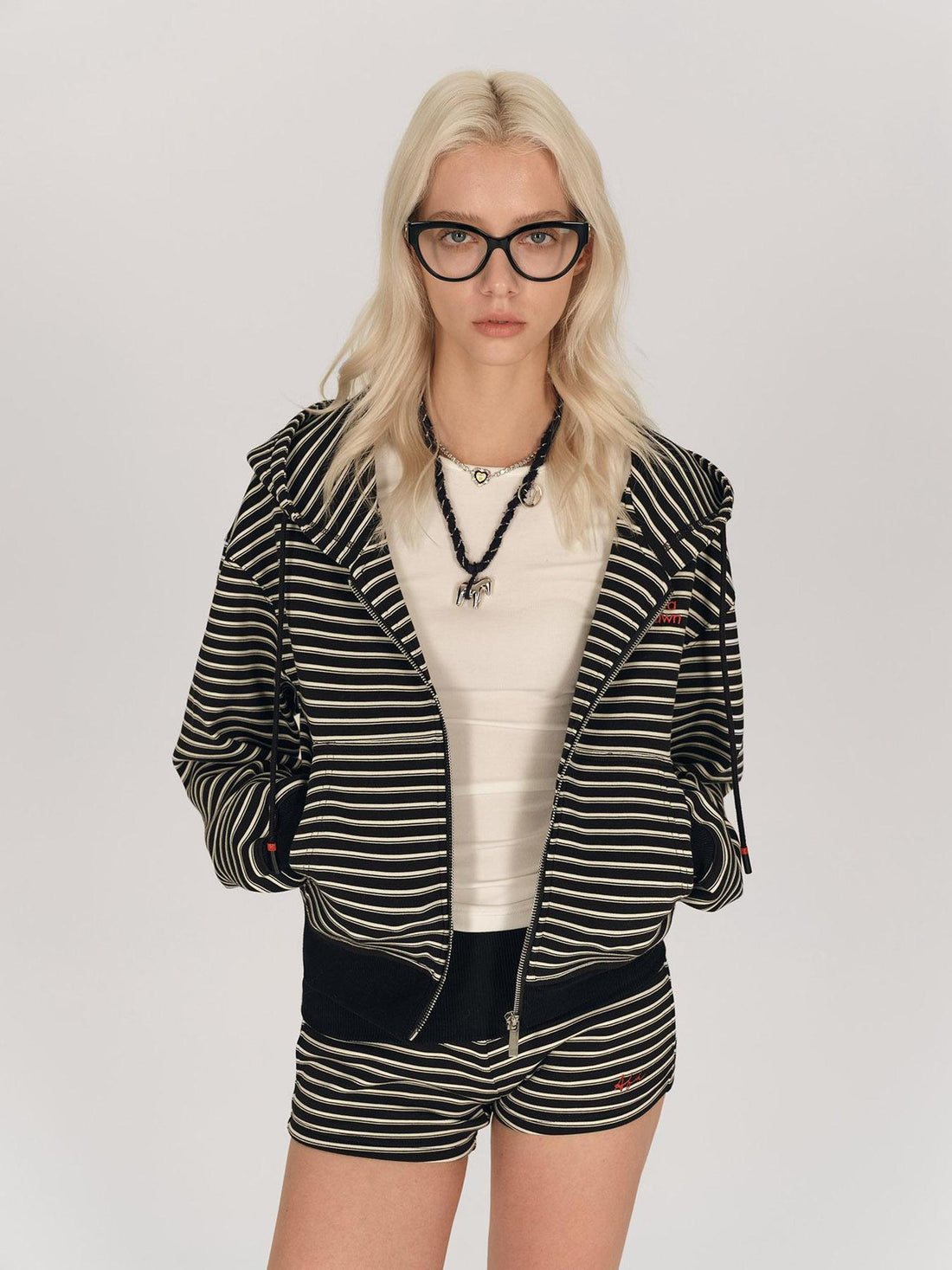 AFTADAWN Striped Hooded Sweatshirt With Embroidered Logo And Ribbed Shorts