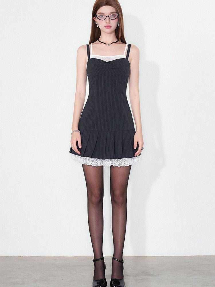 AFTADAWN Striped Lace Spliced Pleated Aline Women&