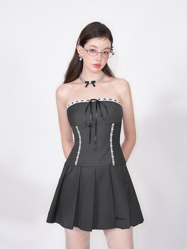 AFTADAWN Striped Lace Up Bow Wool Bustier Pleated Women&
