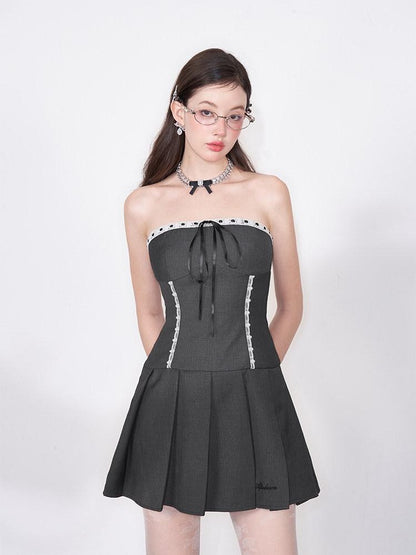 AFTADAWN Striped Lace Up Bow Wool Bustier Pleated Women&