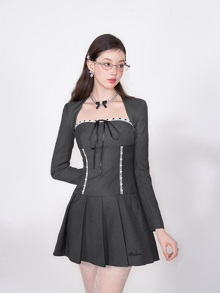 AFTADAWN Striped Lace Up Bow Wool Bustier Pleated Women&