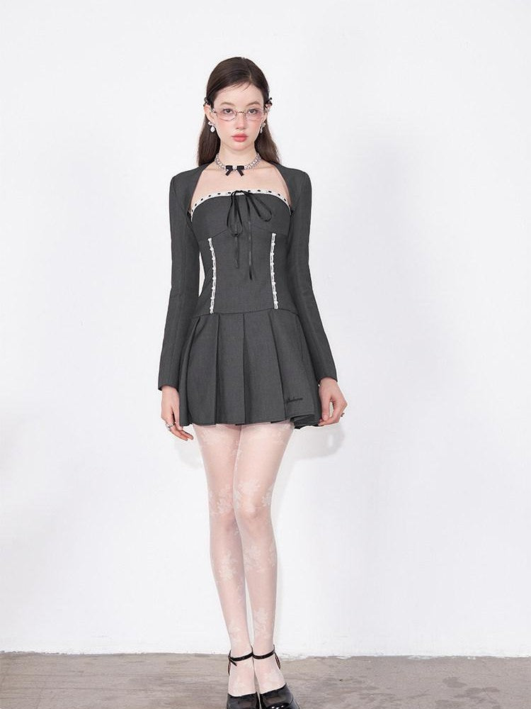 AFTADAWN Striped Lace Up Bow Wool Bustier Pleated Women&