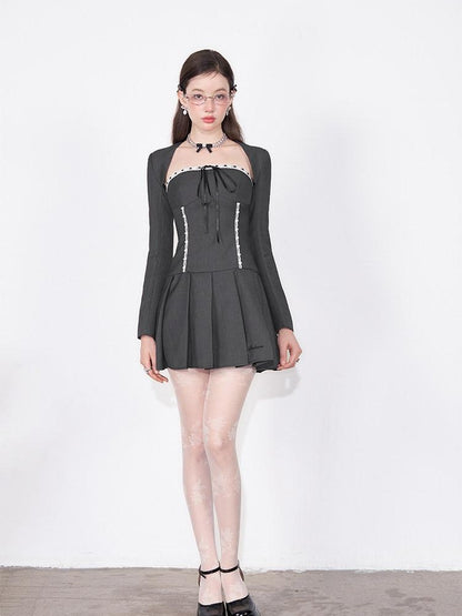 AFTADAWN Striped Lace Up Bow Wool Bustier Pleated Women&
