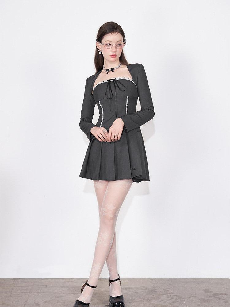AFTADAWN Striped Lace Up Bow Wool Bustier Pleated Women&