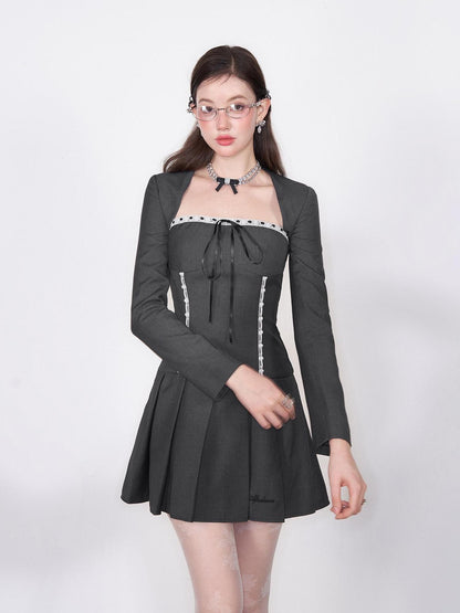 AFTADAWN Striped Lace Up Bow Wool Bustier Pleated Women&