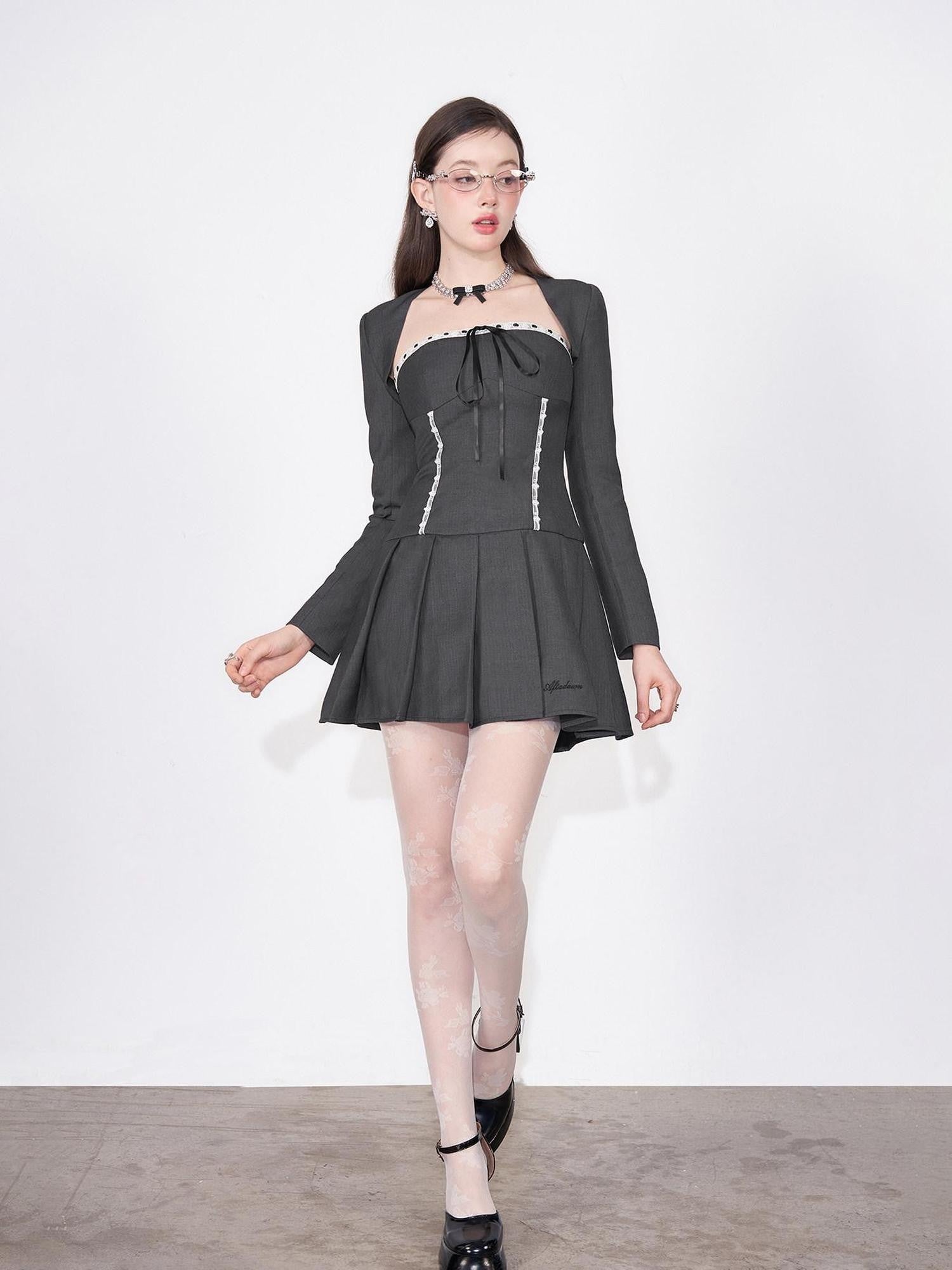 AFTADAWN Striped Lace Up Bow Wool Bustier Pleated Women&
