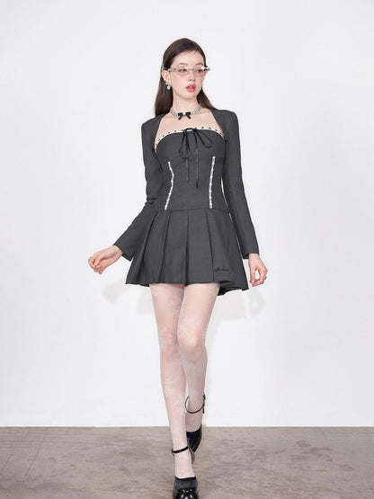 AFTADAWN Striped Lace Up Bow Wool Bustier Pleated Women&