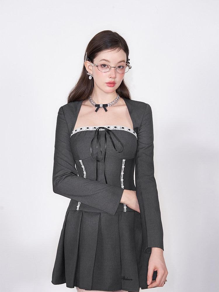 AFTADAWN Striped Lace Up Bow Wool Bustier Pleated Women&