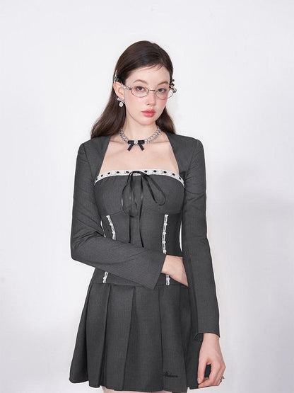 AFTADAWN Striped Lace Up Bow Wool Bustier Pleated Women&