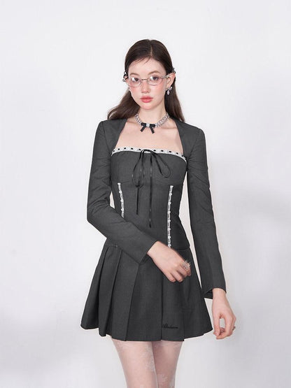 AFTADAWN Striped Lace Up Bow Wool Bustier Pleated Women&