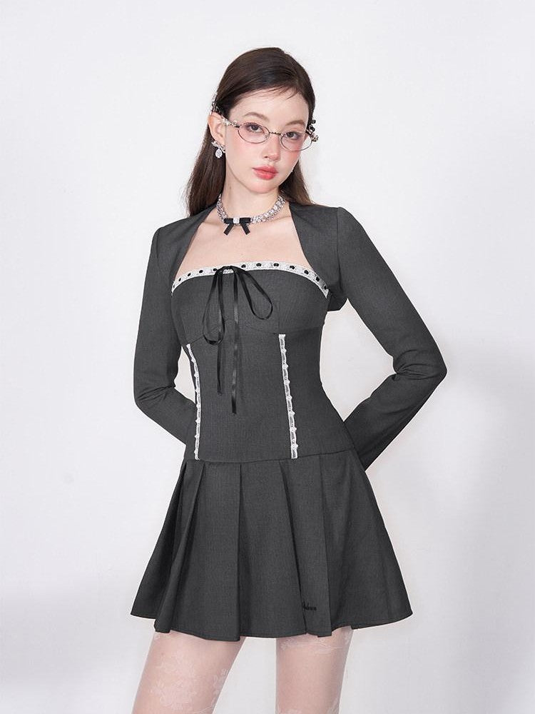 AFTADAWN Striped Lace Up Bow Wool Bustier Pleated Women&