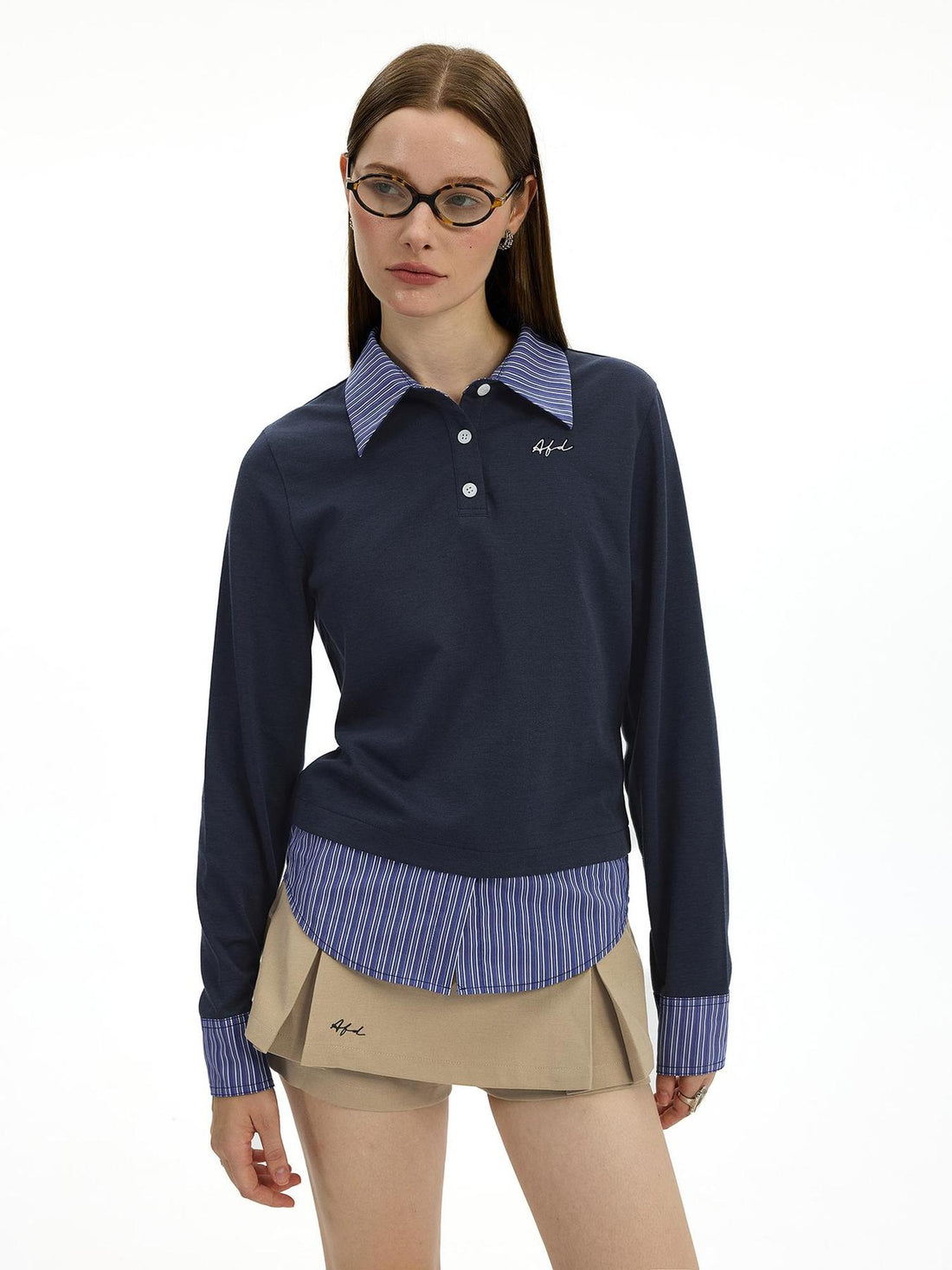 AFTADAWN Striped Layered Shirt Polo Collar Top With Pleated Skirt Set