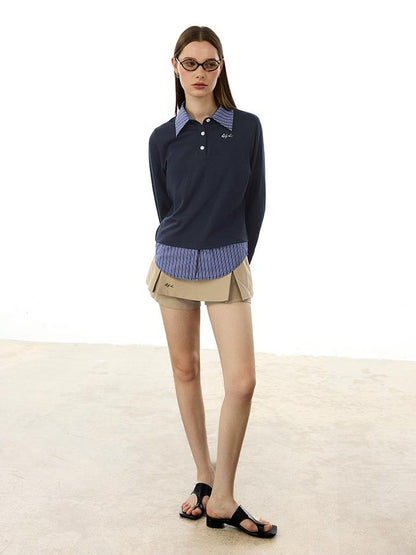 AFTADAWN Striped Layered Shirt Polo Collar Top With Pleated Skirt Set
