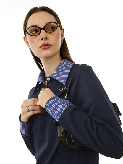 AFTADAWN Striped Layered Shirt Polo Collar Top With Pleated Skirt Set