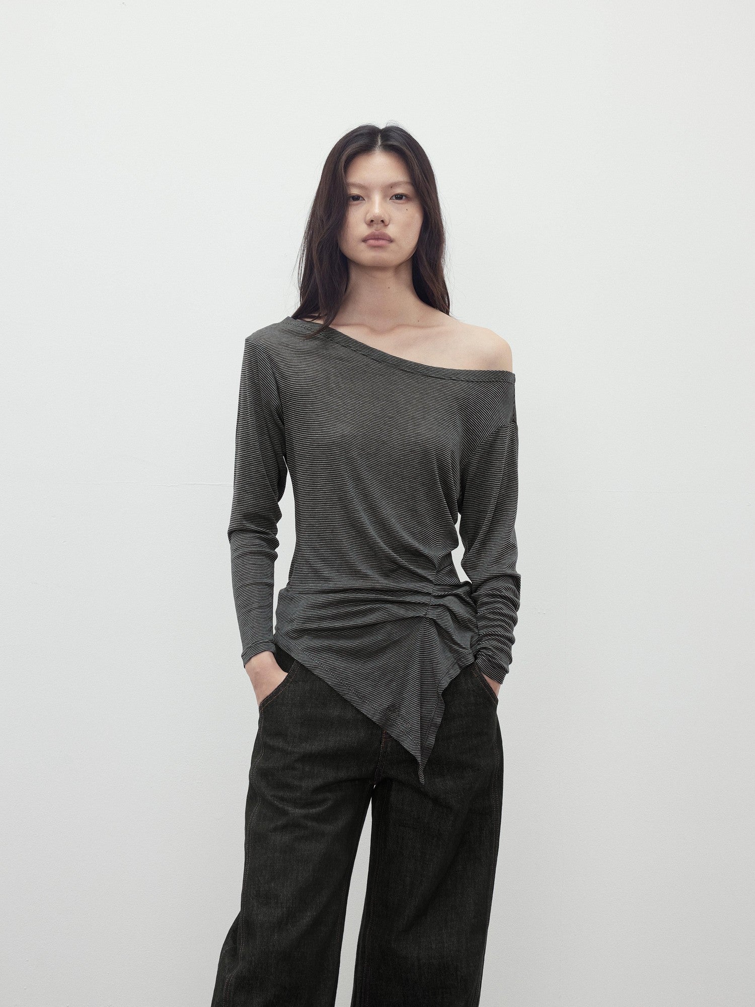 AFTADAWN Striped Pleated Asymmetric Off Shoulder Women&