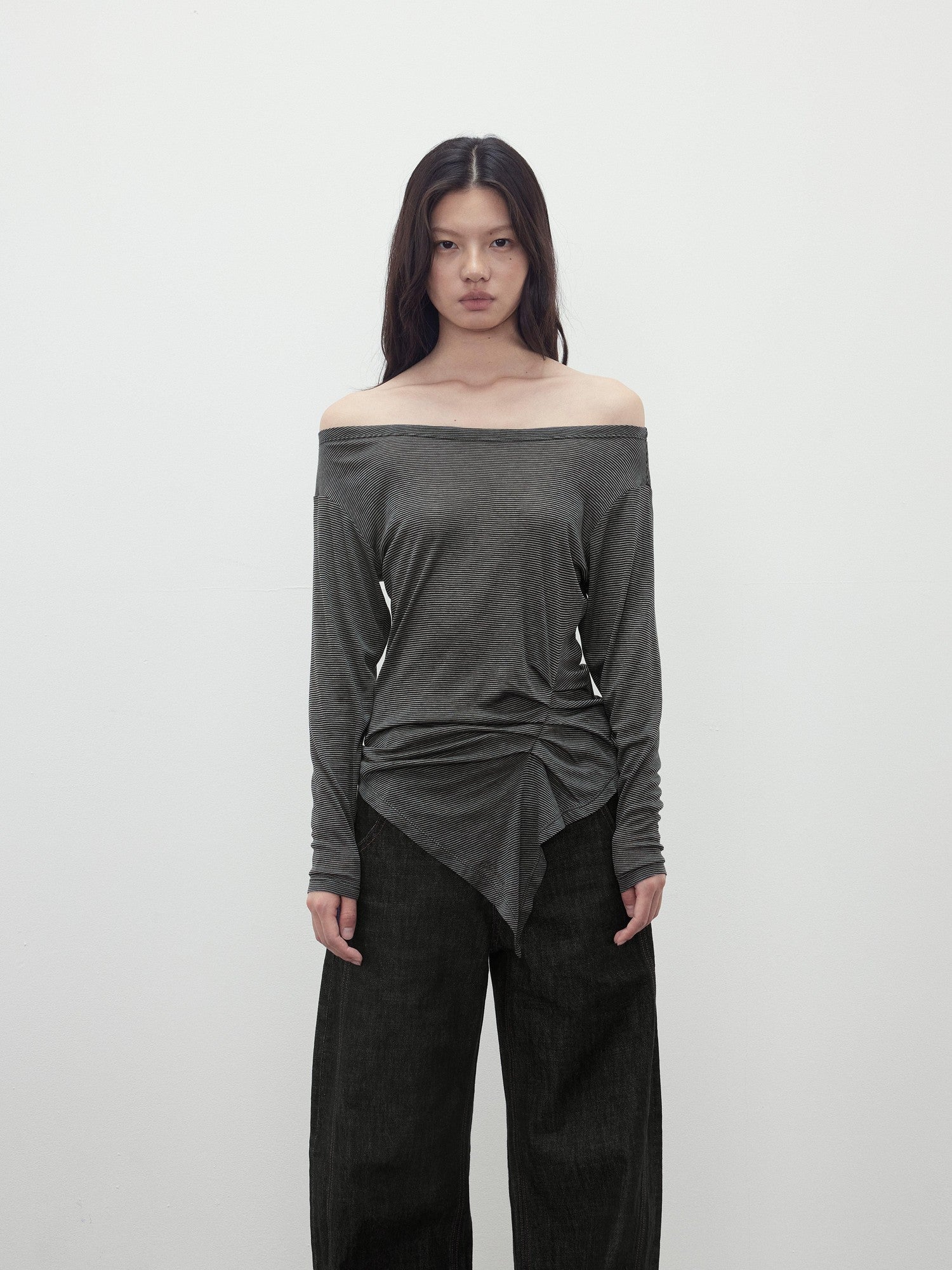 AFTADAWN Striped Pleated Asymmetric Off Shoulder Women&