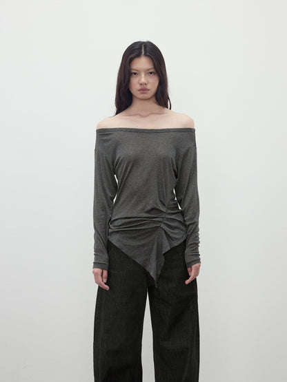 AFTADAWN Striped Pleated Asymmetric Off Shoulder Women&
