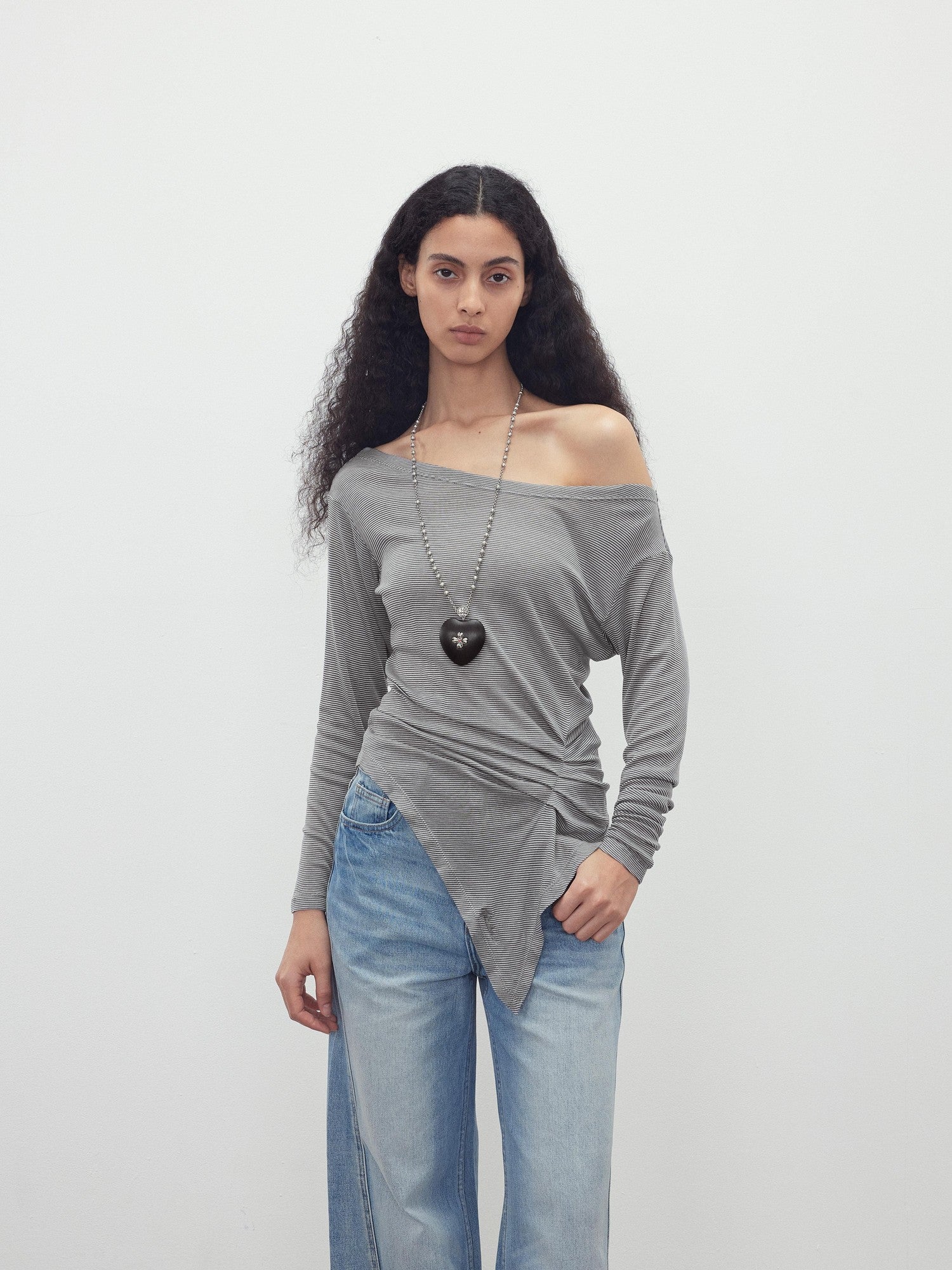 AFTADAWN Striped Pleated Asymmetric Off Shoulder Women&