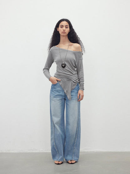 AFTADAWN Striped Pleated Asymmetric Off Shoulder Women&