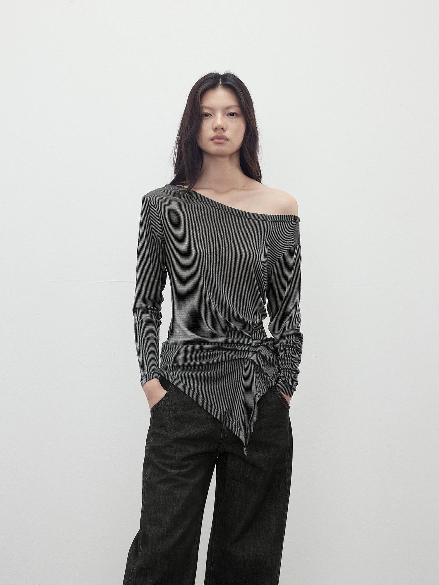 AFTADAWN Striped Pleated Asymmetric Off Shoulder Women&